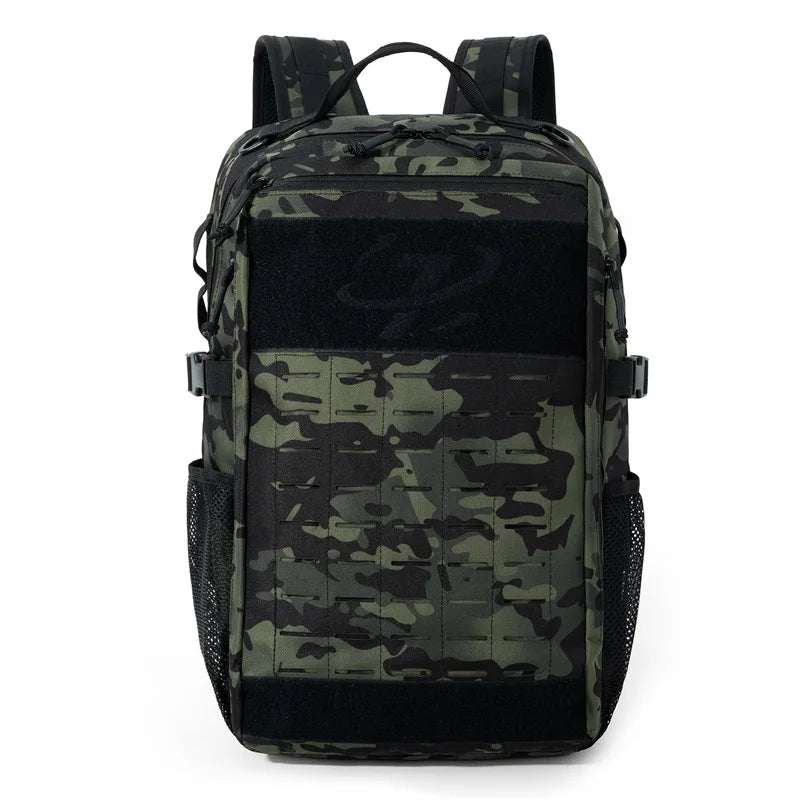 Khaki climbing backpack by Corporación Turística with Molle system, ideal for outdoor tactical and hiking activities.