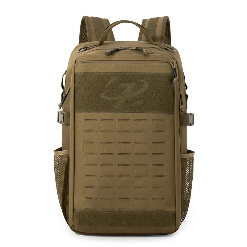 Khaki climbing backpack by Corporación Turística featuring tactical Molle system for outdoor hiking and climbing activities.