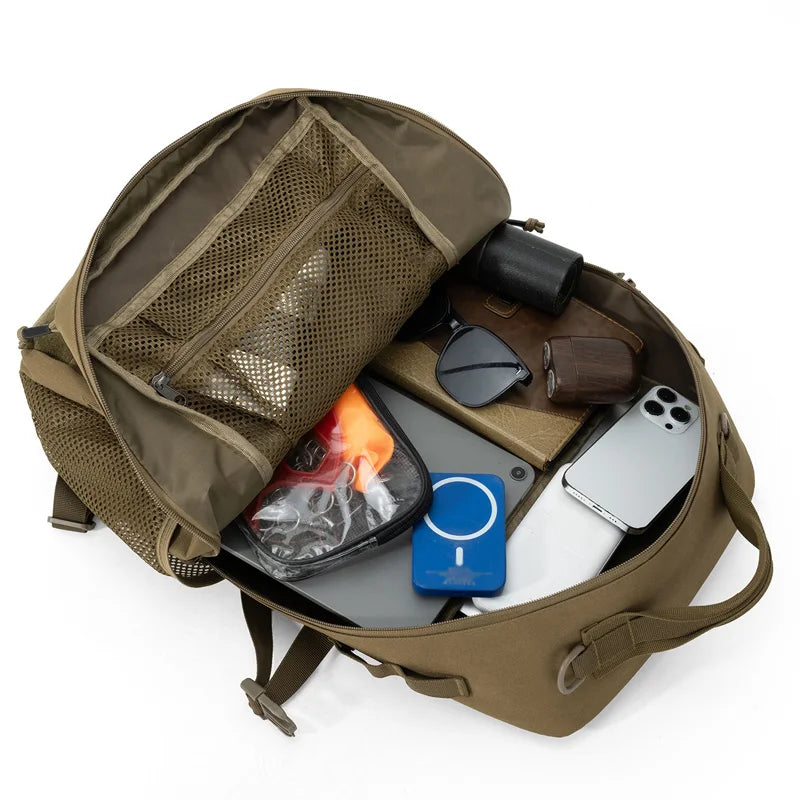 Khaki climbing backpack by Corporación Turística with Molle system, ideal for outdoor hiking and tactical use.