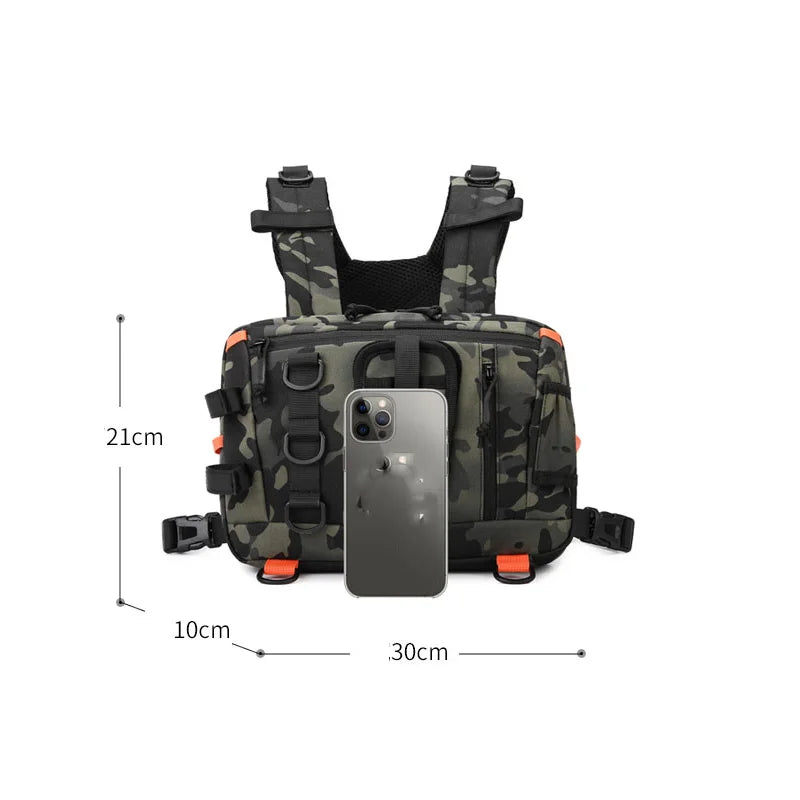 Khaki tactical camping backpack with front chest vest from Corporación Turística, featuring multiple compartments and adjustable straps.