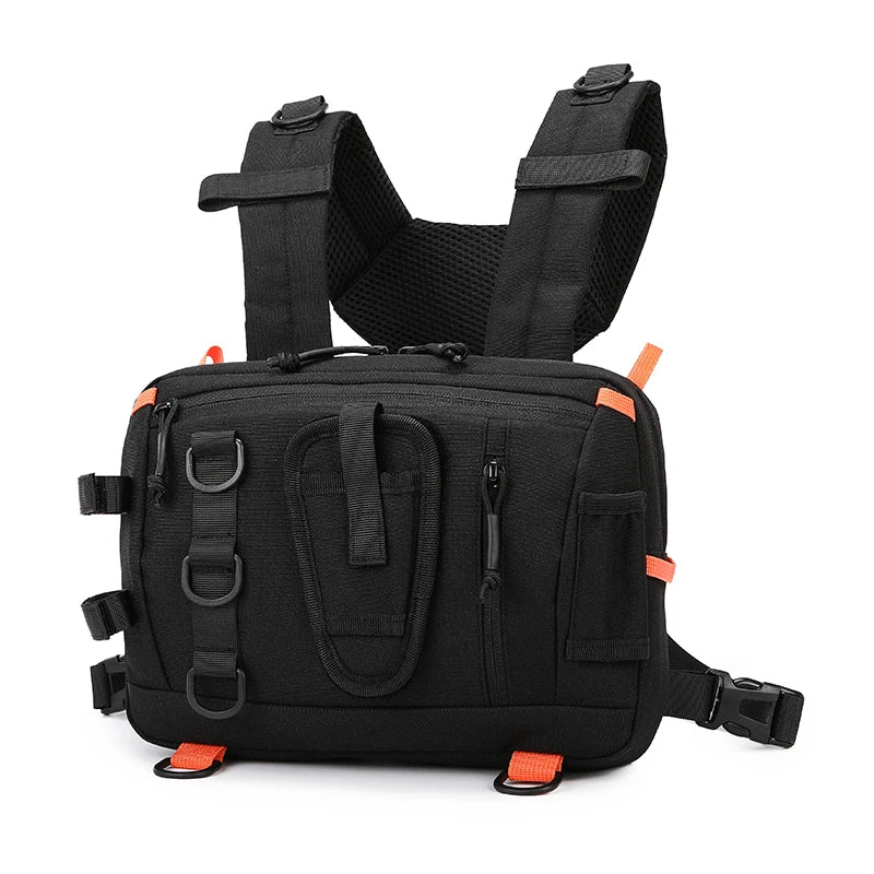 Khaki tactical camping backpack with front chest vest from Corporación Turística, showing multiple compartments and adjustable straps.