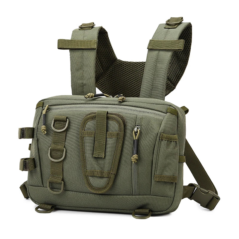 Khaki tactical camping backpack with front chest pocket, designed for outdoor adventures, by Corporación Turística.