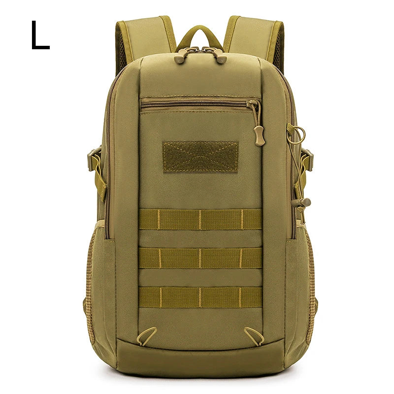 Khaki outdoor travel backpack by Corporación Turística, 10L and 20L mini backpack with adjustable straps and multiple compartments.