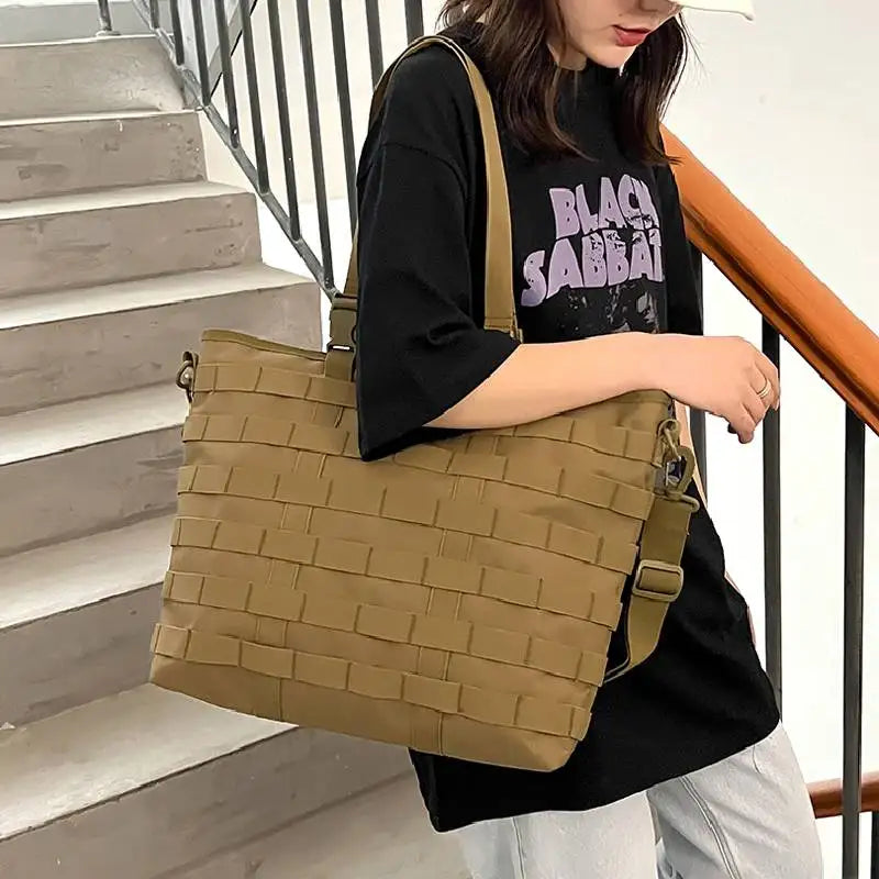 Large khaki gym and fitness tote bag by Scione with sturdy handles and a convenient hook for easy carrying.