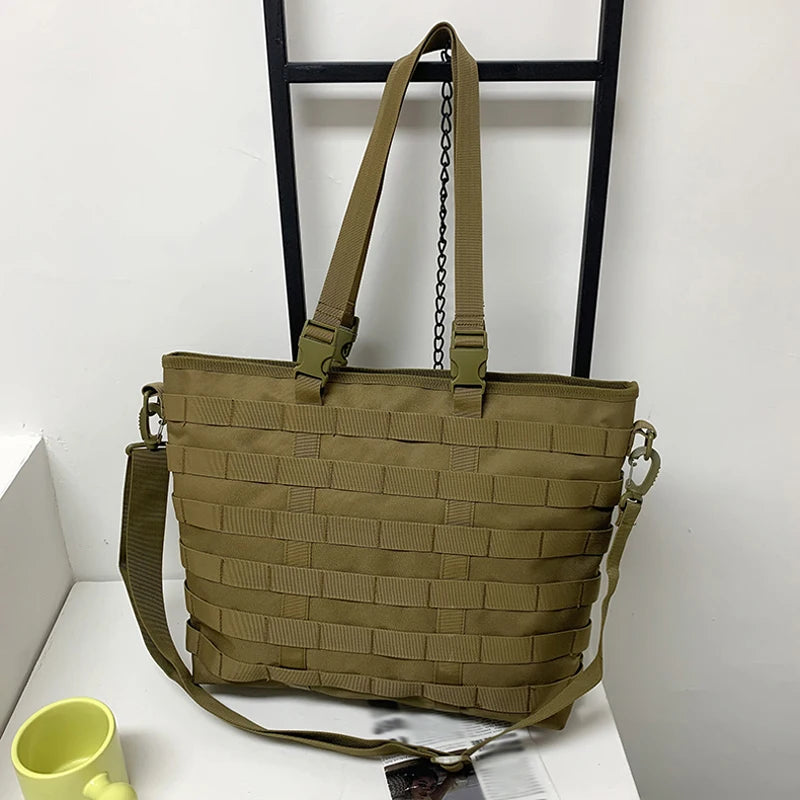 Large khaki gym and fitness tote bag from Scione with sturdy handles and a hook, ideal for sports and workout essentials.