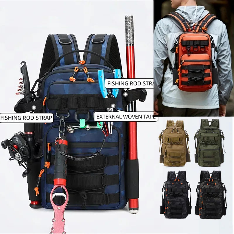 Khaki fishing lure and tactical camping backpack by Corporación Turística, featuring multiple compartments and durable design.