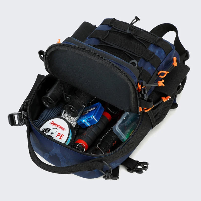 Khaki fishing lure and tactical camping backpack by Corporación Turística, featuring multiple compartments and durable straps.