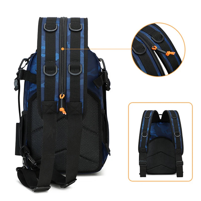 Khaki fishing lure with tactical camping backpack by Corporación Turística, featuring multiple compartments and durable material.
