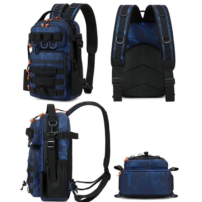 Khaki fishing lure and tactical camping backpack by Corporación Turística, showing multiple compartments and durable straps.