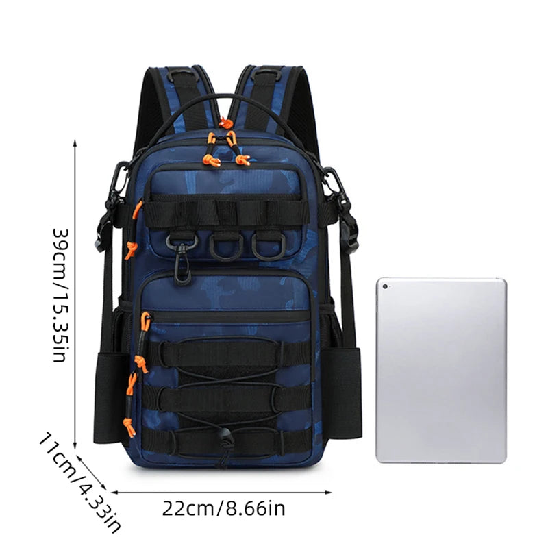 Khaki fishing lure and tactical camping backpack by Corporación Turística, equipped with multiple compartments for outdoor gear.