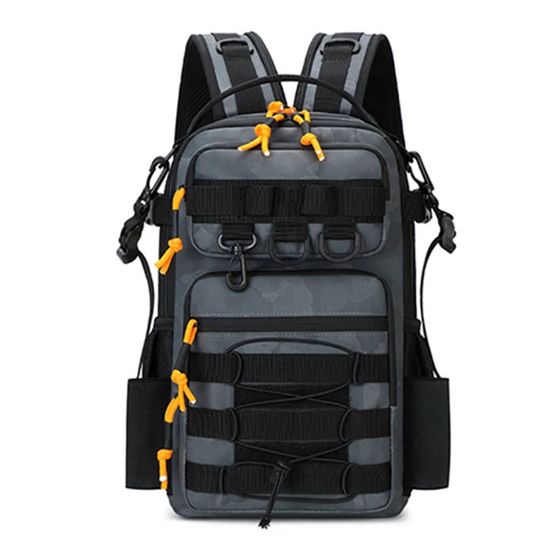 Khaki fishing lure, tactical camping backpack, and gear bag by Corporación Turística, designed for outdoor adventures and fishing trips.