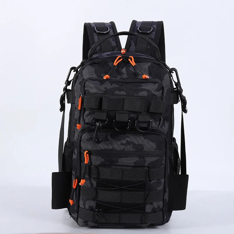 Khaki fishing lure, tactical camping backpack, and travel bag from Corporación Turística, designed for outdoor adventures and fishing trips.