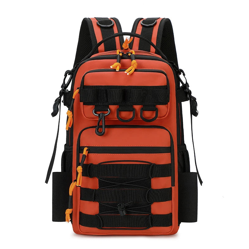 Khaki fishing lure and tactical camping backpack by Corporación Turística, featuring multiple compartments and durable straps.