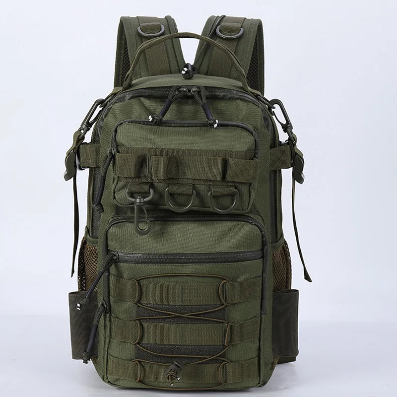 Khaki fishing lure, tactical camping backpack, and outdoor gear bag by Corporación Turística for camping and fishing adventures.