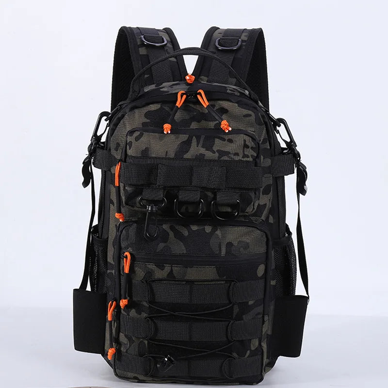Khaki fishing lure with tactical camping backpack, Corporación Turística outdoor gear, durable and spacious for outdoor adventures.