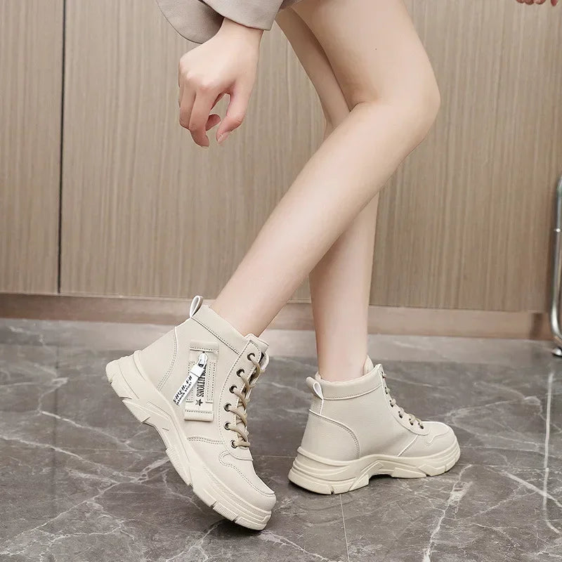 Khaki women's height-boosting boots with lace-up design, stylish footwear from Corporación Turística, size 36.