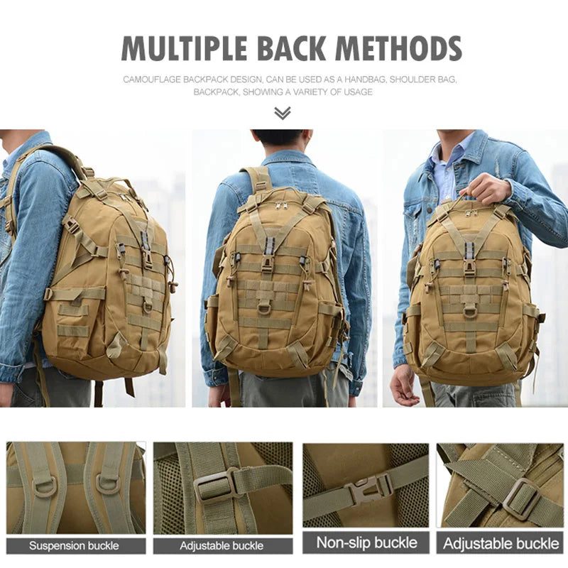 Tactical backpack for climbing, camping, hiking, and hunting by Corporación Turística, 30-40 liter capacity, durable outdoor gear