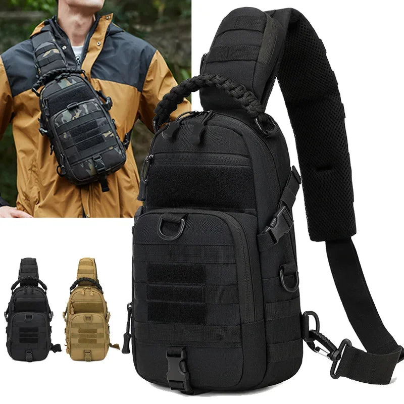 Men's camping chest bag and sporty waist bag by Corporación Turística, compact and adjustable for outdoor activities.