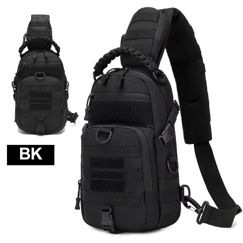 Men's camping chest bag and running waist pack by Corporación Turística, lightweight and adjustable for outdoor activities.