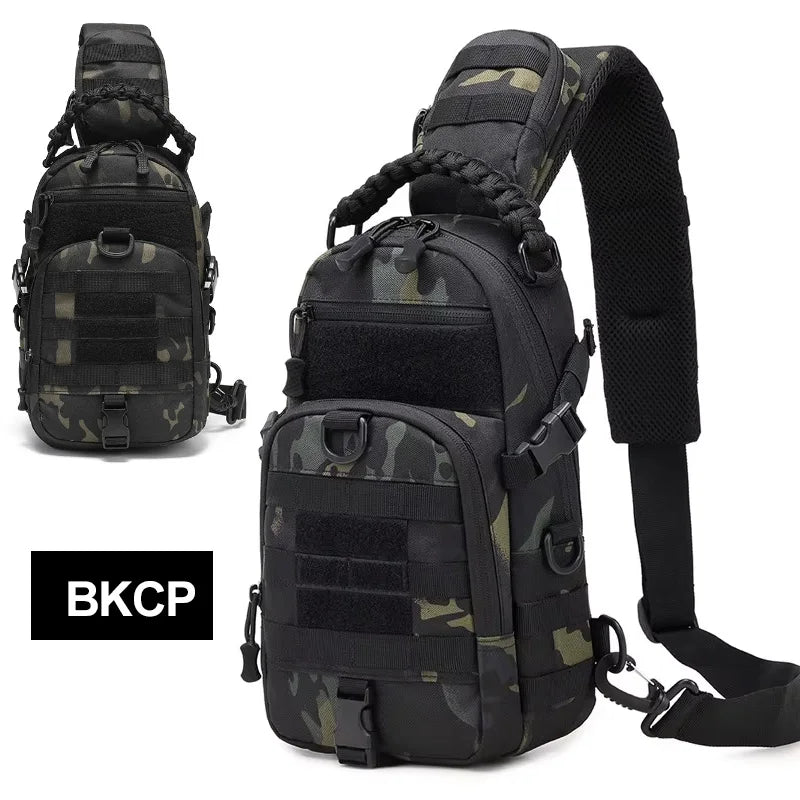 Men's camping chest bag and sports waist pouch by Corporación Turística, lightweight and practical for outdoor activities.