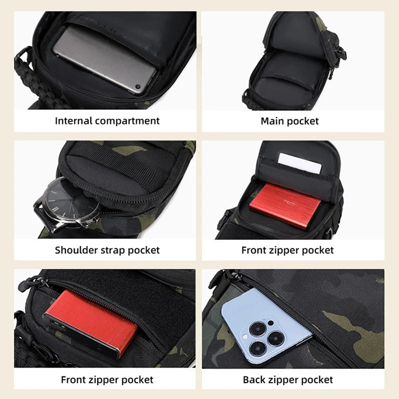 Men's camping chest bag and sports waist pack from Corporación Turística, featuring a compact, lightweight design for outdoor activities.