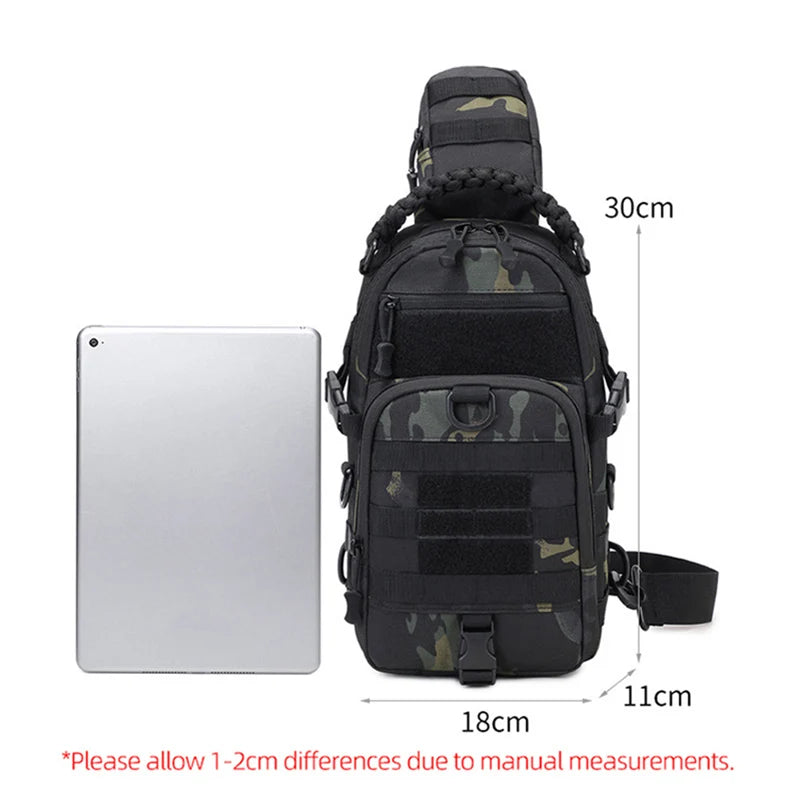 Men's camping chest bag and running waist pouch from Corporación Turística, lightweight and sporty for outdoor activities.