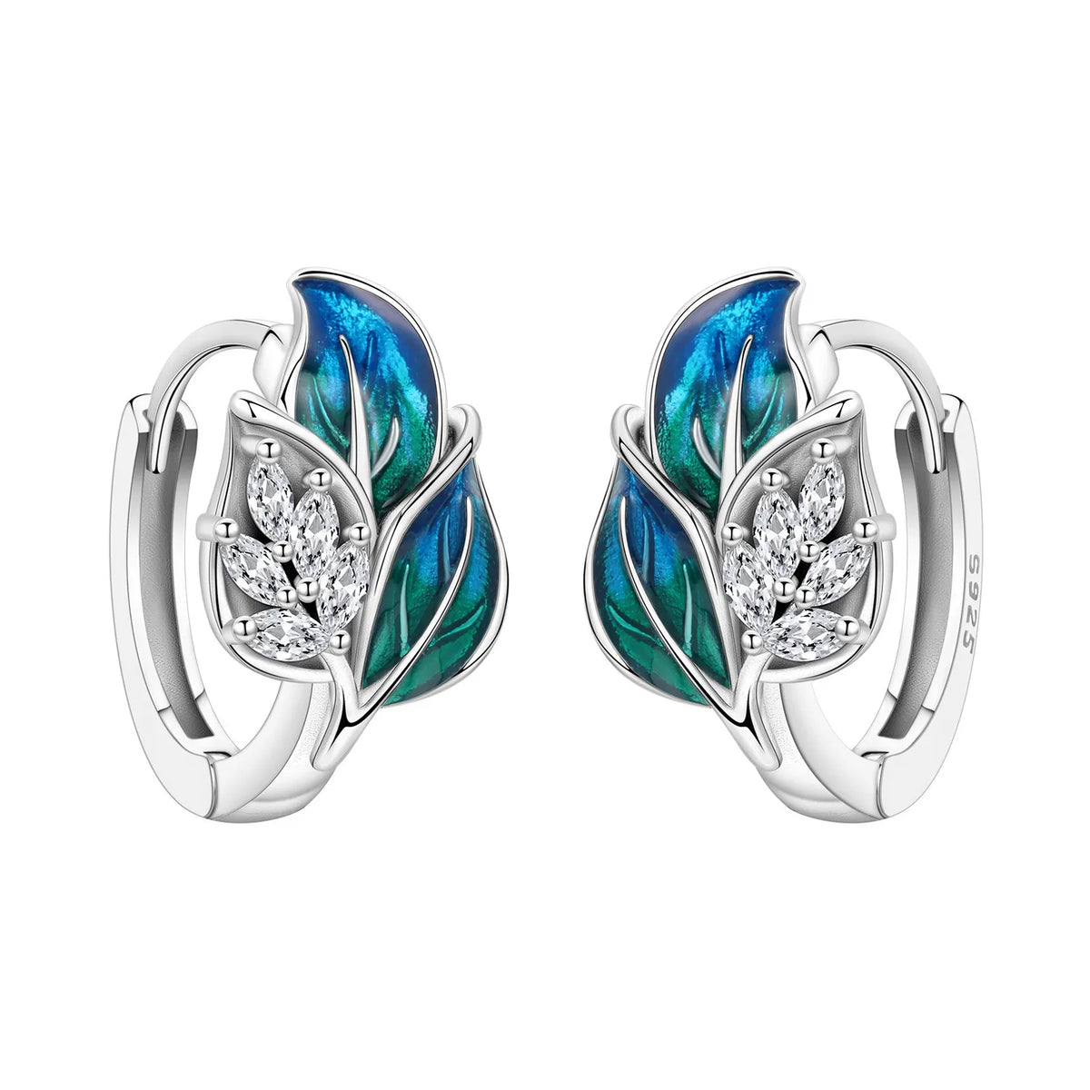 Silver hoop earrings with leaf and flower designs, featuring intricate detailing and a polished finish.