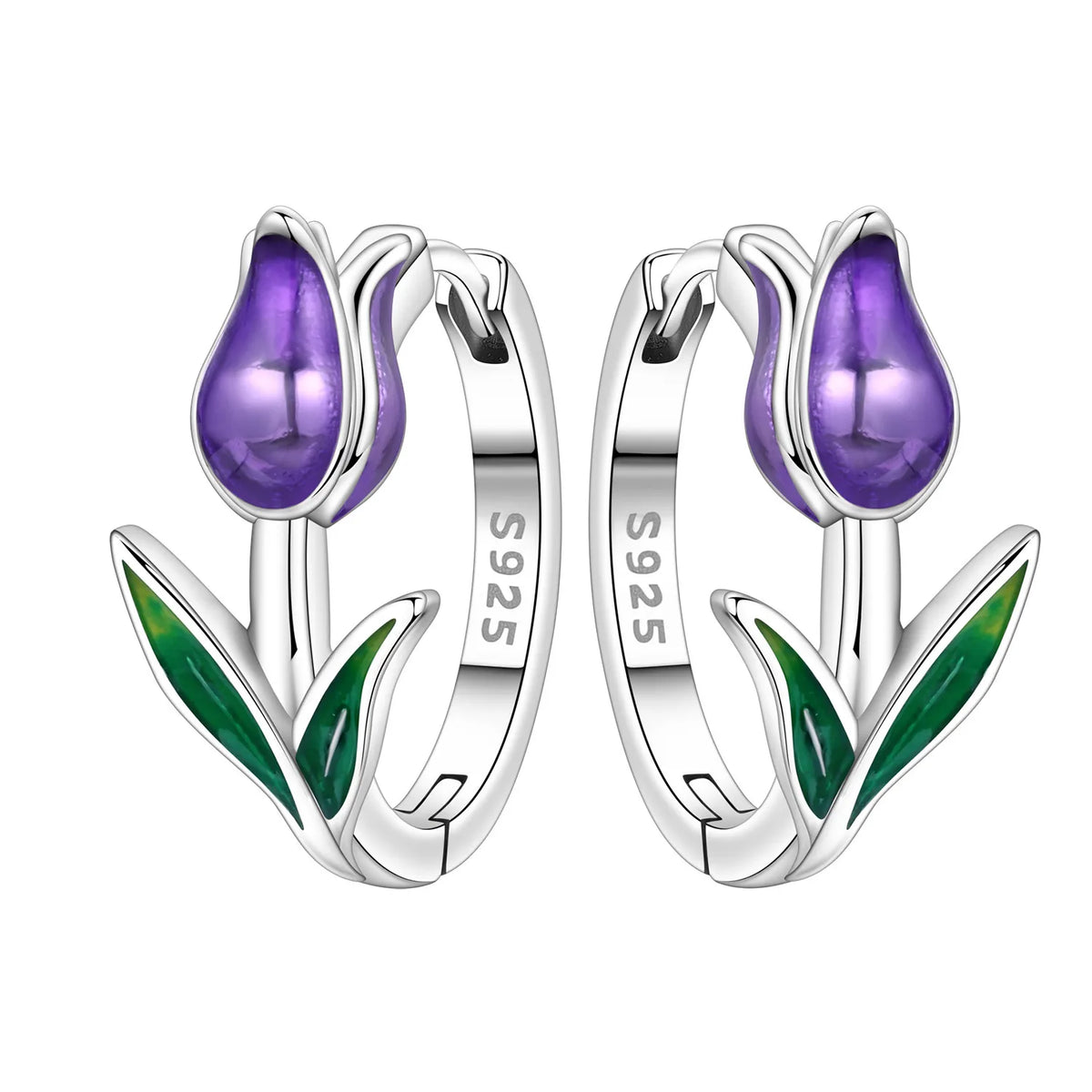 Silver hoop earrings with leaf and flower design, featuring intricate details and elegant craftsmanship.