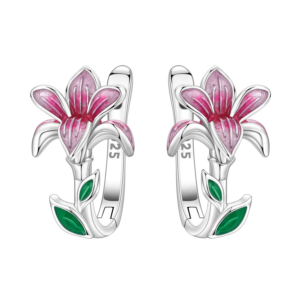 Silver hoop earrings with leaf and flower design by Corporación Turística, featuring intricate botanical details.