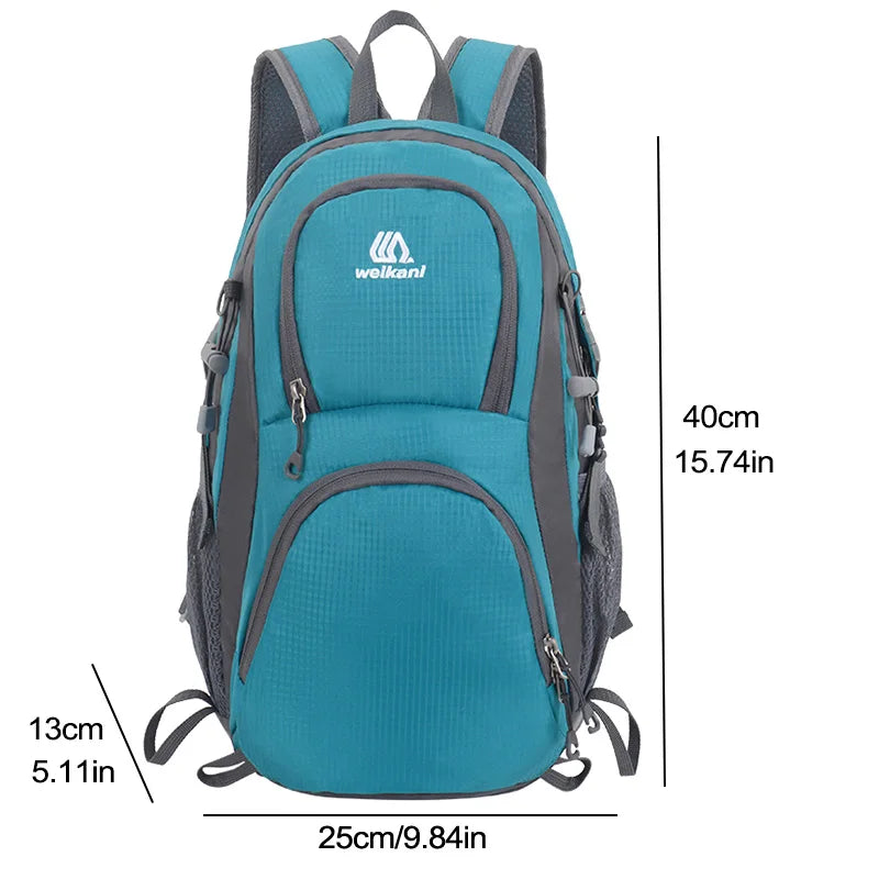Light travel backpack by Corporación Turística, blue, designed for men, women, and children, showing front view with adjustable straps.