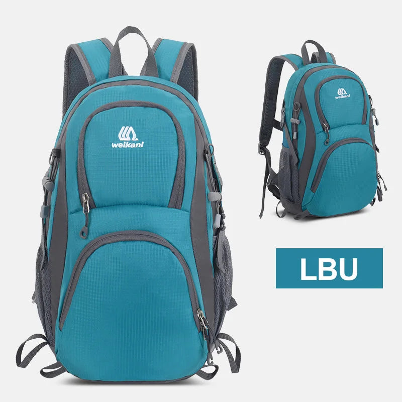 Lightweight travel backpack by Corporación Turística in lake blue, suitable for men, women, and children, with multiple compartments.