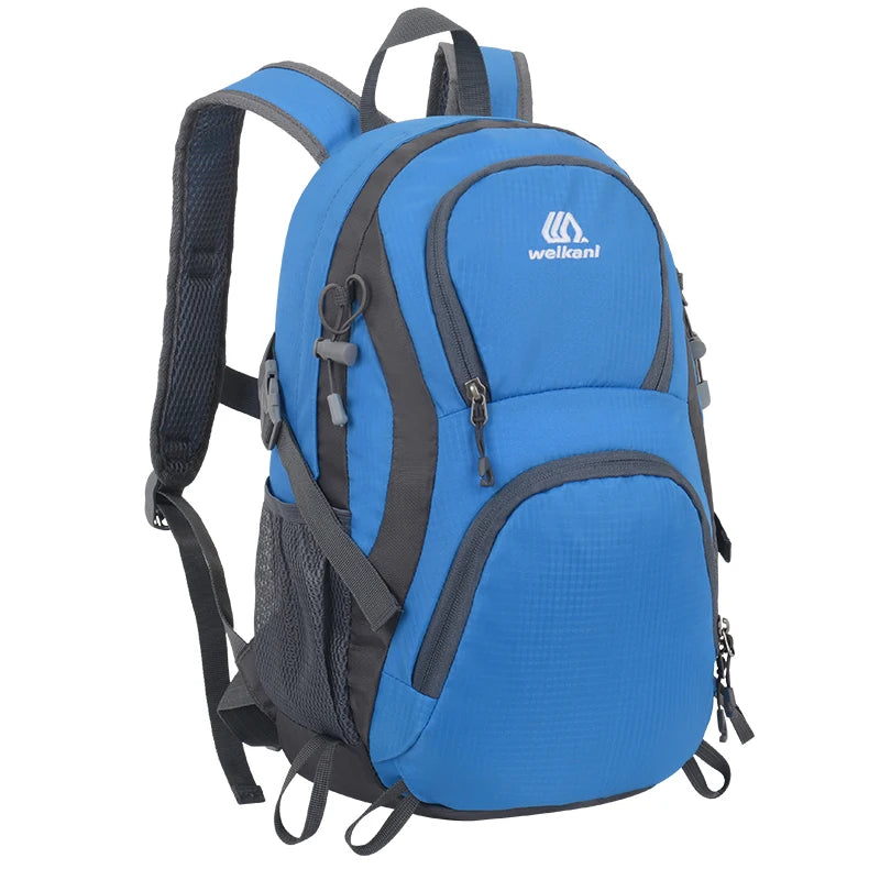 Lightweight travel backpack by Corporación Turística in lake blue, suitable for men, women, and children, with multiple compartments.