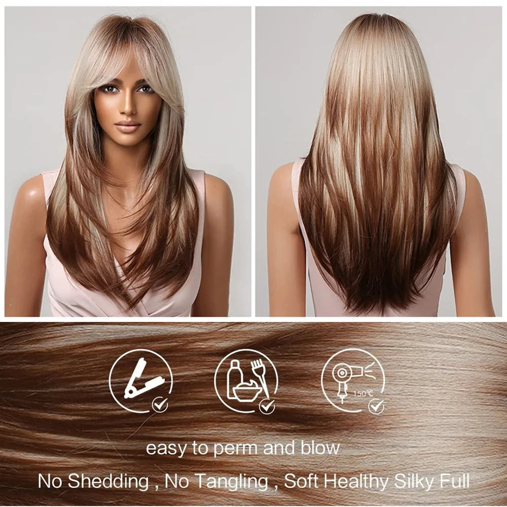 Synthetic hair wig for women, ALAN EATON brand, with long, straight black hair styled naturally.