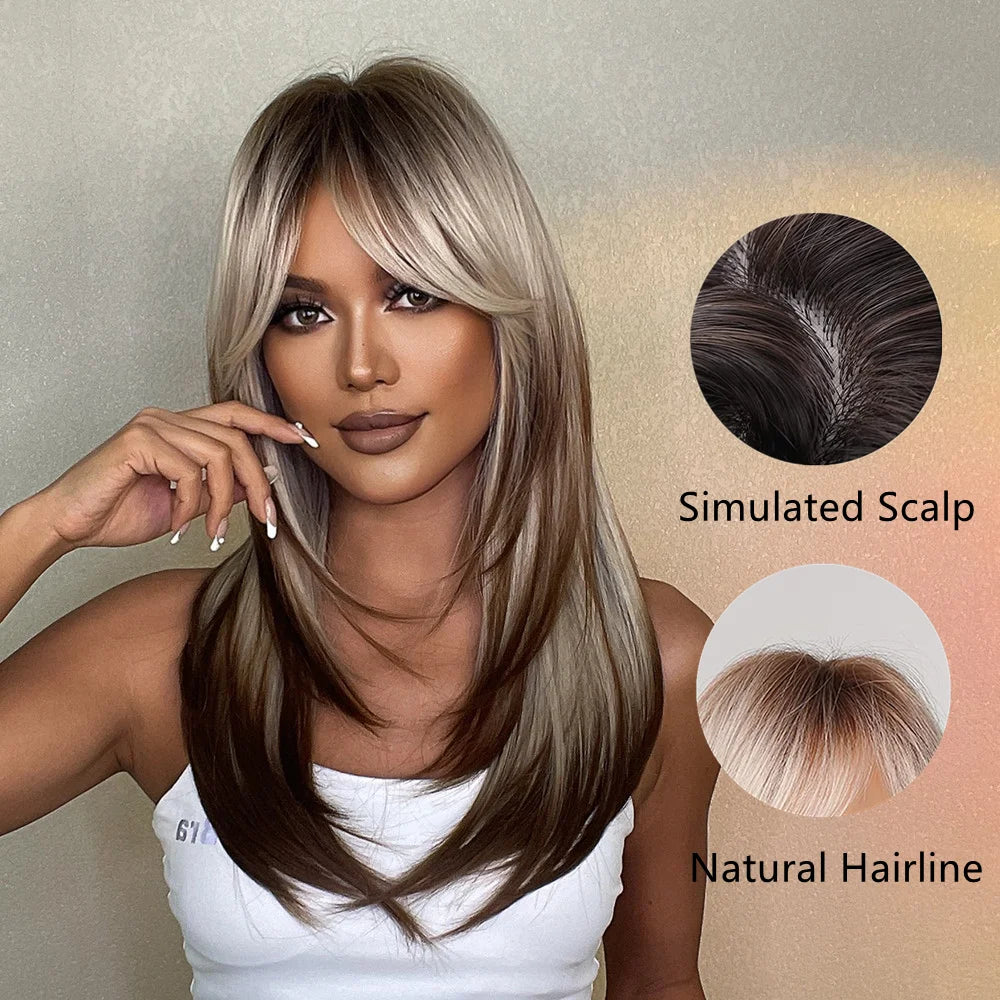 Synthetic hair wig for women by Alan Eaton, featuring long, straight black hair with natural shine and layered style.