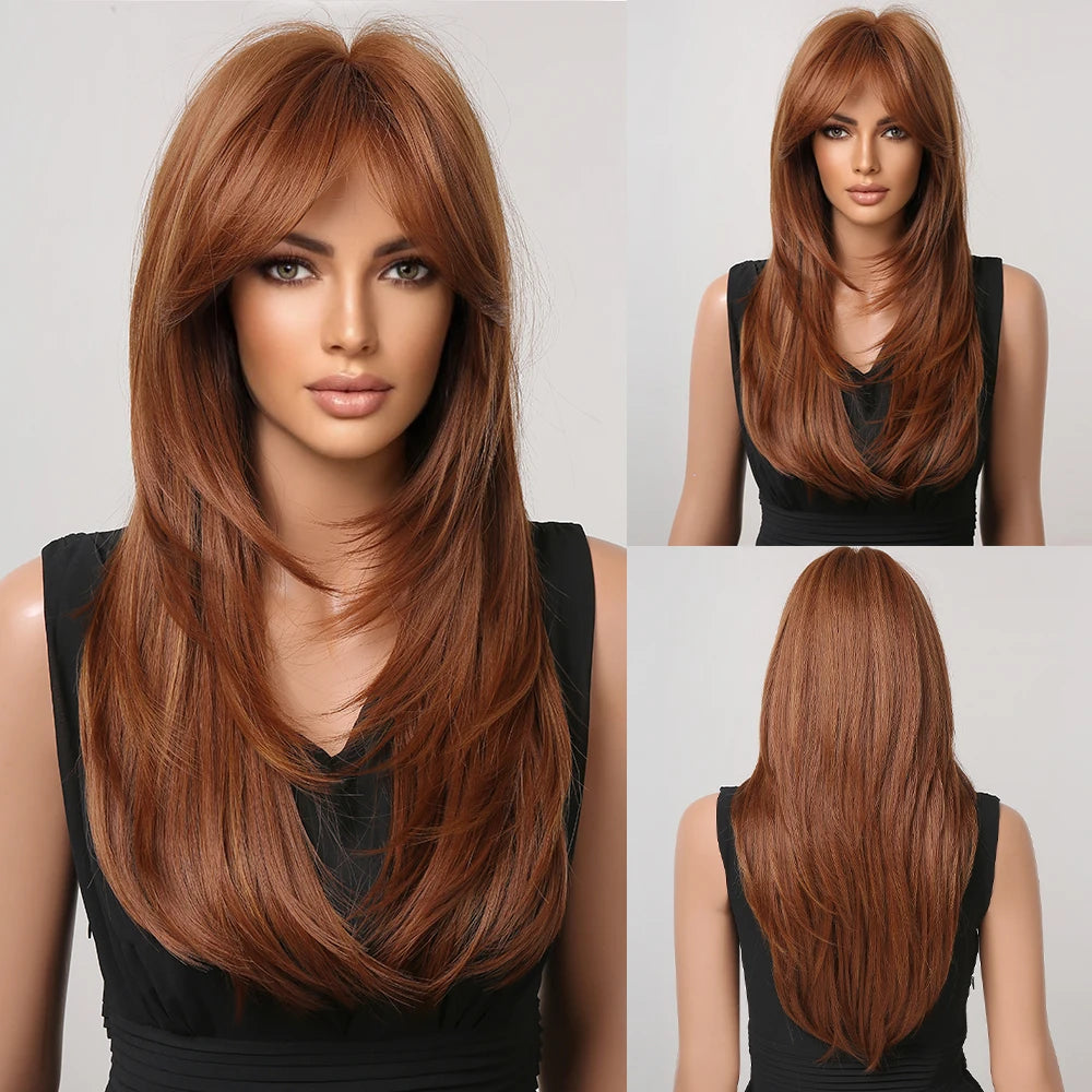 Synthetic hair wig for women by Alan Eaton, featuring long, straight dark hair styled naturally, on a neutral background.