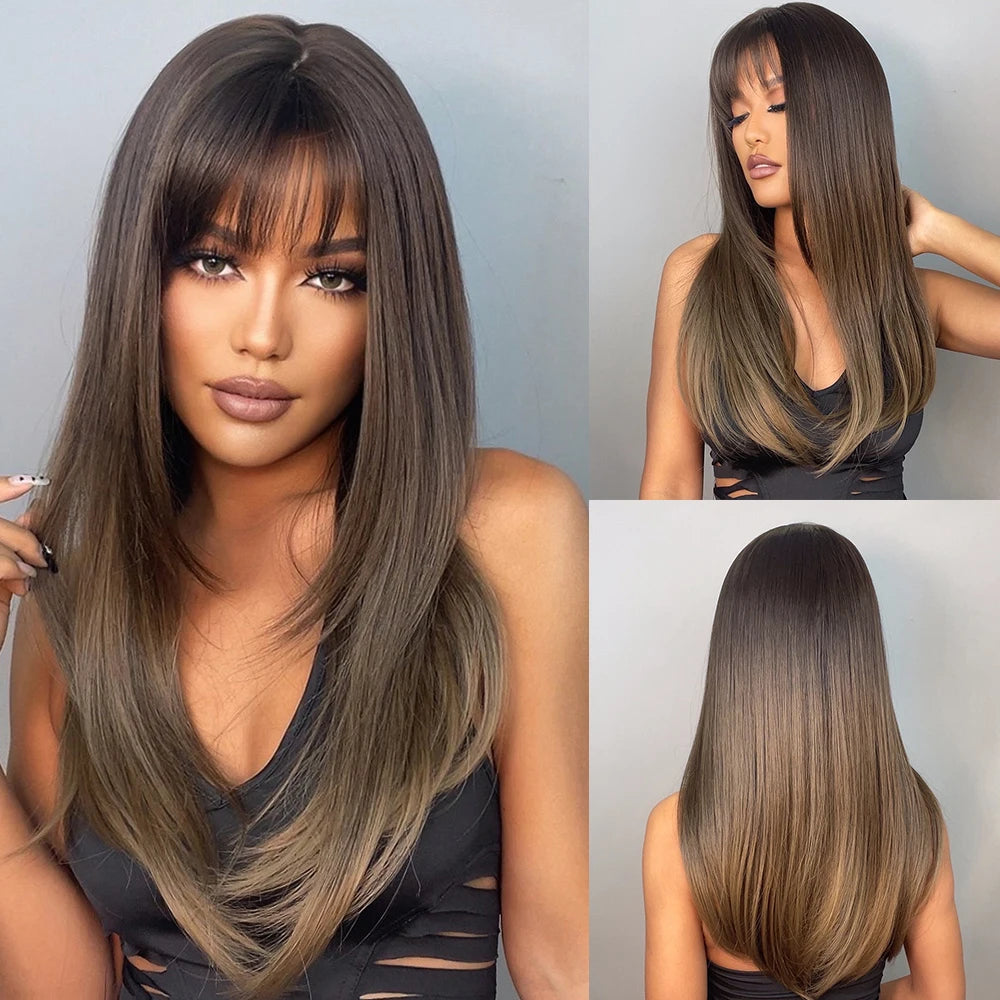 Synthetic hair wig for women by Alan Eaton, featuring long, straight black hair styled naturally, on a neutral background.