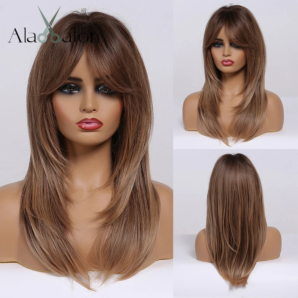 Synthetic women's wig by Alan Eaton with long, wavy hair in natural brown color, styled for a fashionable look.
