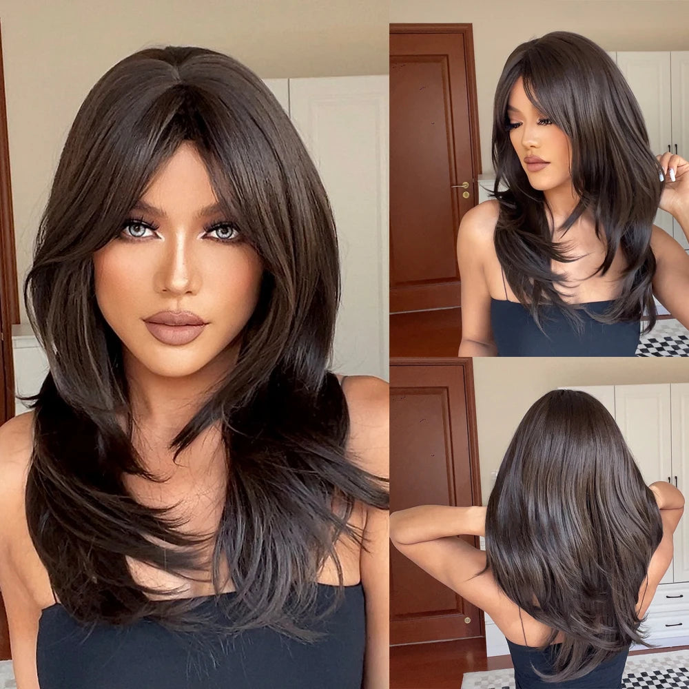 Synthetic hair wig for women by Alan Eaton, featuring long, straight black hair, styled naturally for everyday wear.