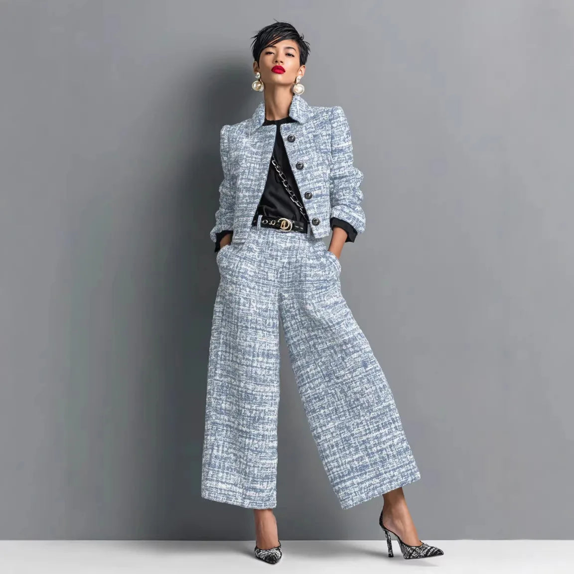 Light blue 2-piece women's outfit from Corporación Turística featuring a short jacket and matching bottoms.