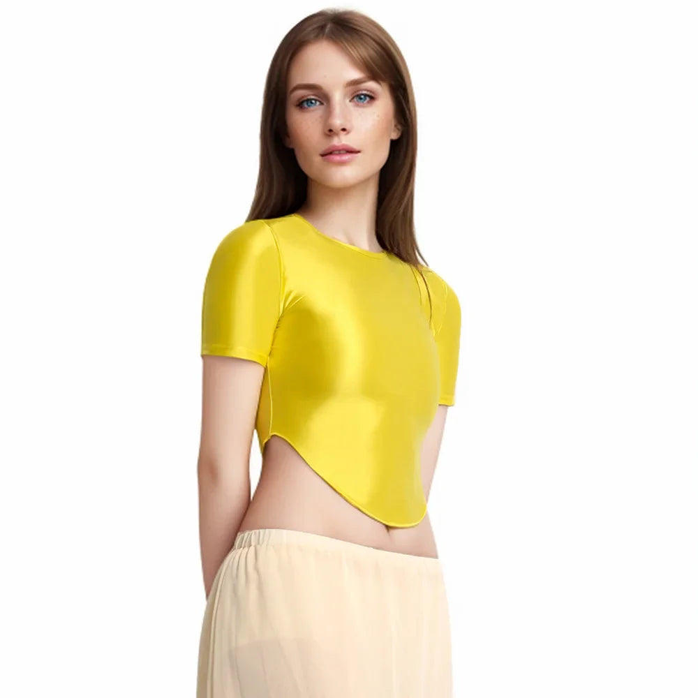 Light purple women’s elastic, shiny, and soft T-shirt by MJINM with a comfortable fit, ideal for casual wear.