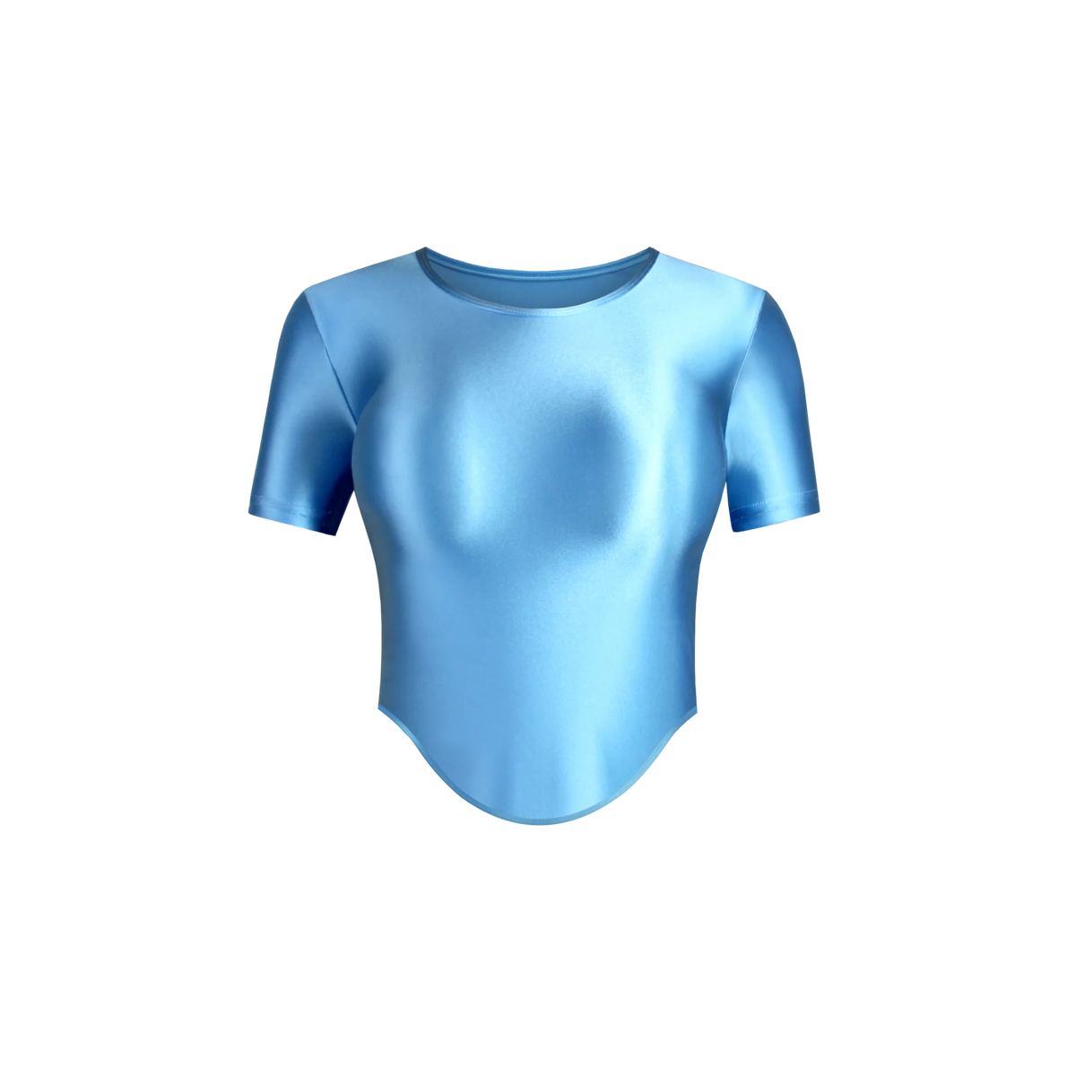 Light purple women's elastic and shiny T-shirt by MJINM, showcasing smooth, form-fitting fabric and casual style.