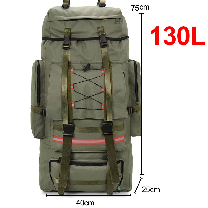 Large 130L hiking and camping backpack by Corporación Turística, shown with multiple compartments and adjustable straps.