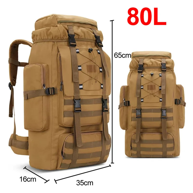 Large 130L hiking and camping backpack by Corporación Turística, featuring multiple compartments and adjustable straps.