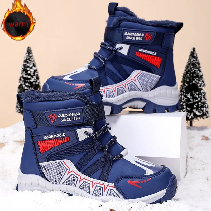 Children's outdoor snow boots by Corporación Turística, winter fashion, black waterproof boots with snow-resistant soles.