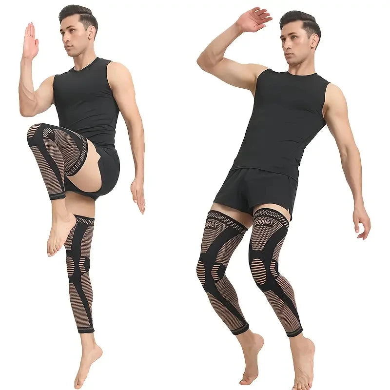 Adjustable compression knee brace made of polyester with copper, designed for support and comfort during physical activity.