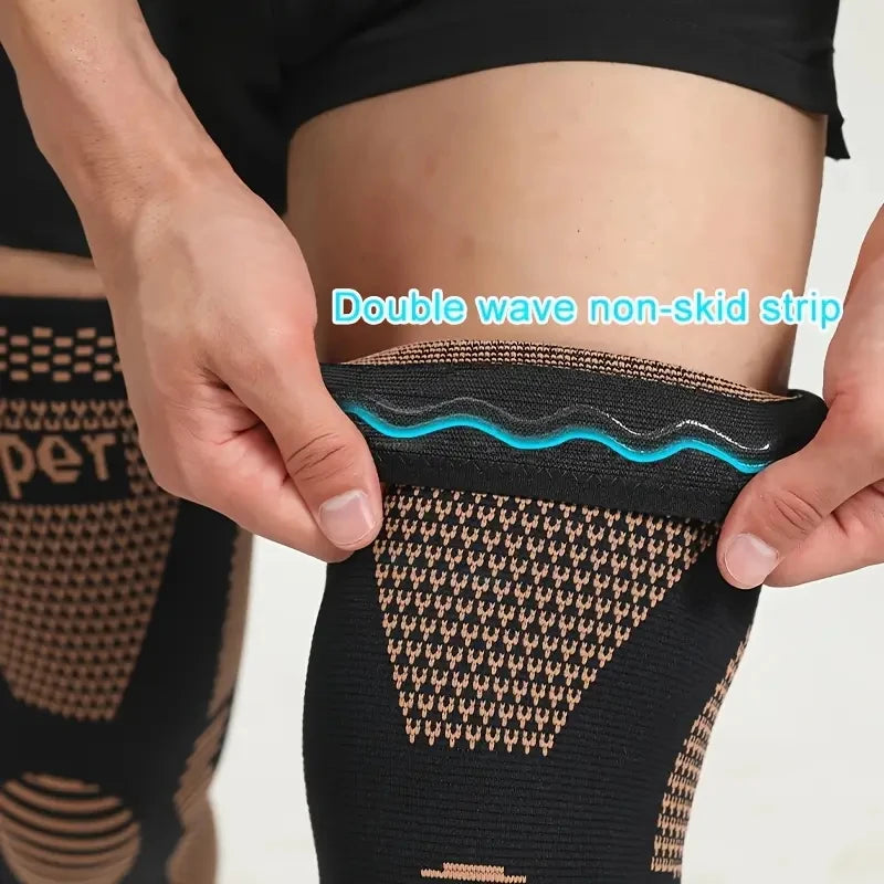 Adjustable compression knee brace made of polyester with copper infusion, designed for support and compression.