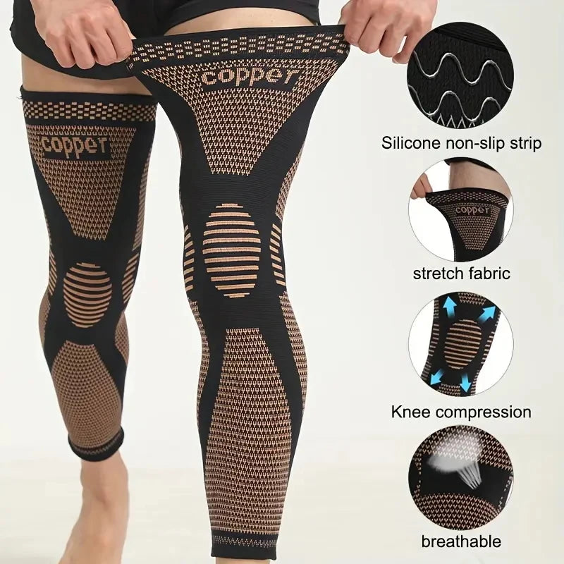 Adjustable compression knee brace made of polyester with copper infusion, designed for support and pain relief.