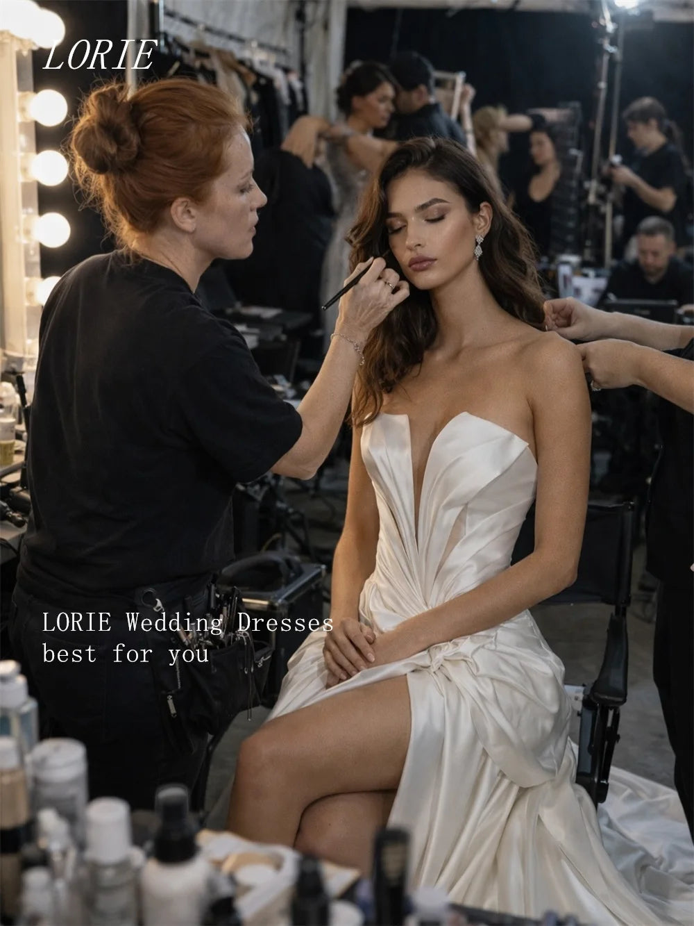 Elegant ivory LORIE civil wedding dress with A-line cut and high neckline, featuring fine fabric details and sophisticated design.