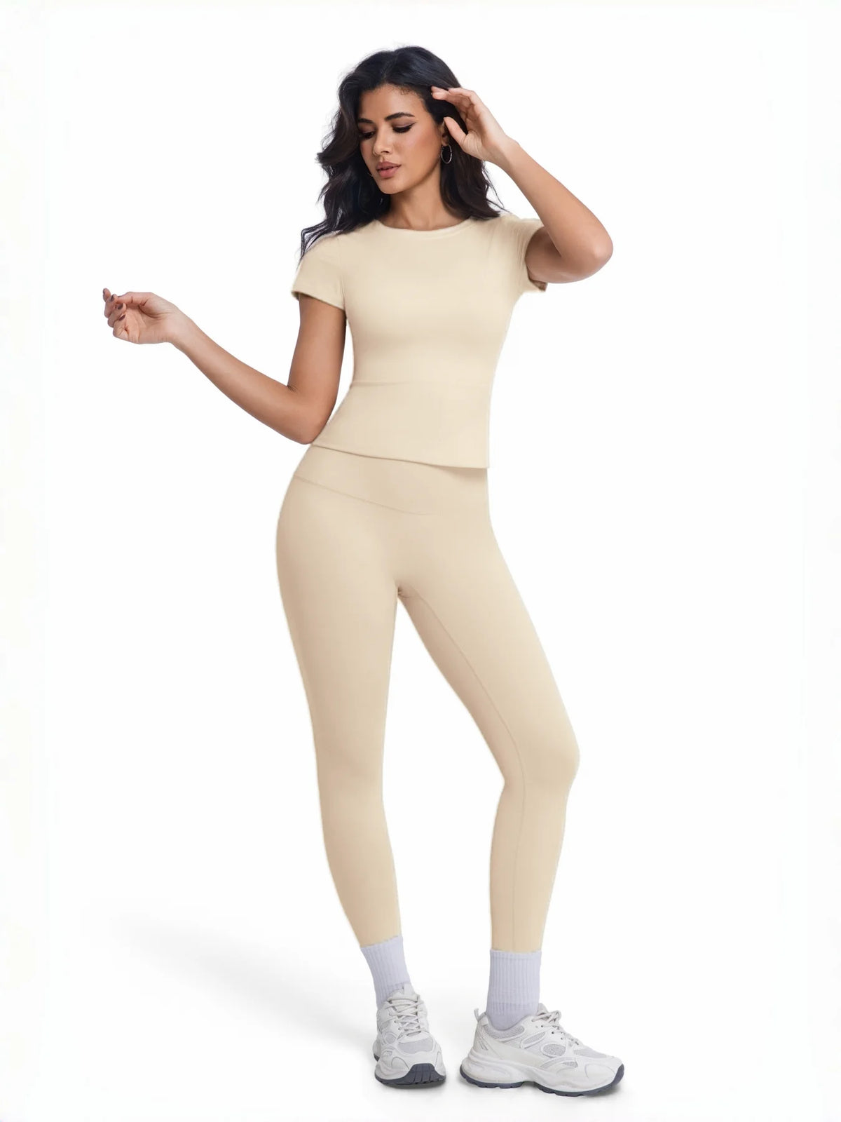 Marfil Corporación Turística women's 2-piece sports set with athletic T-shirt and matching leggings for active wear.