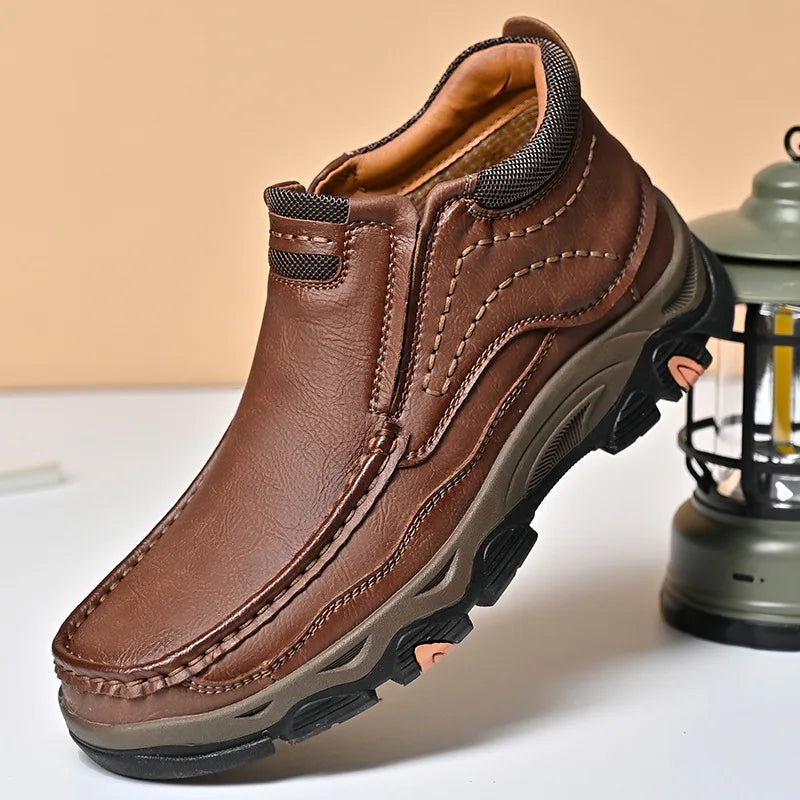 Brown genuine leather men's sport sneakers from Corporación Turística, featuring laces and sporty design.
